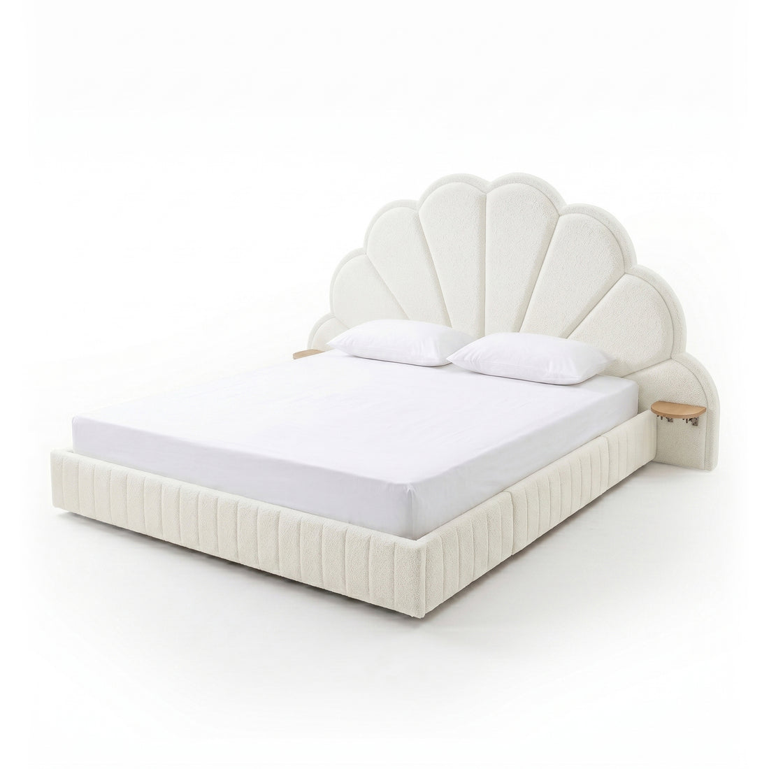 Full view of upholstered shell-headboard bed on white background