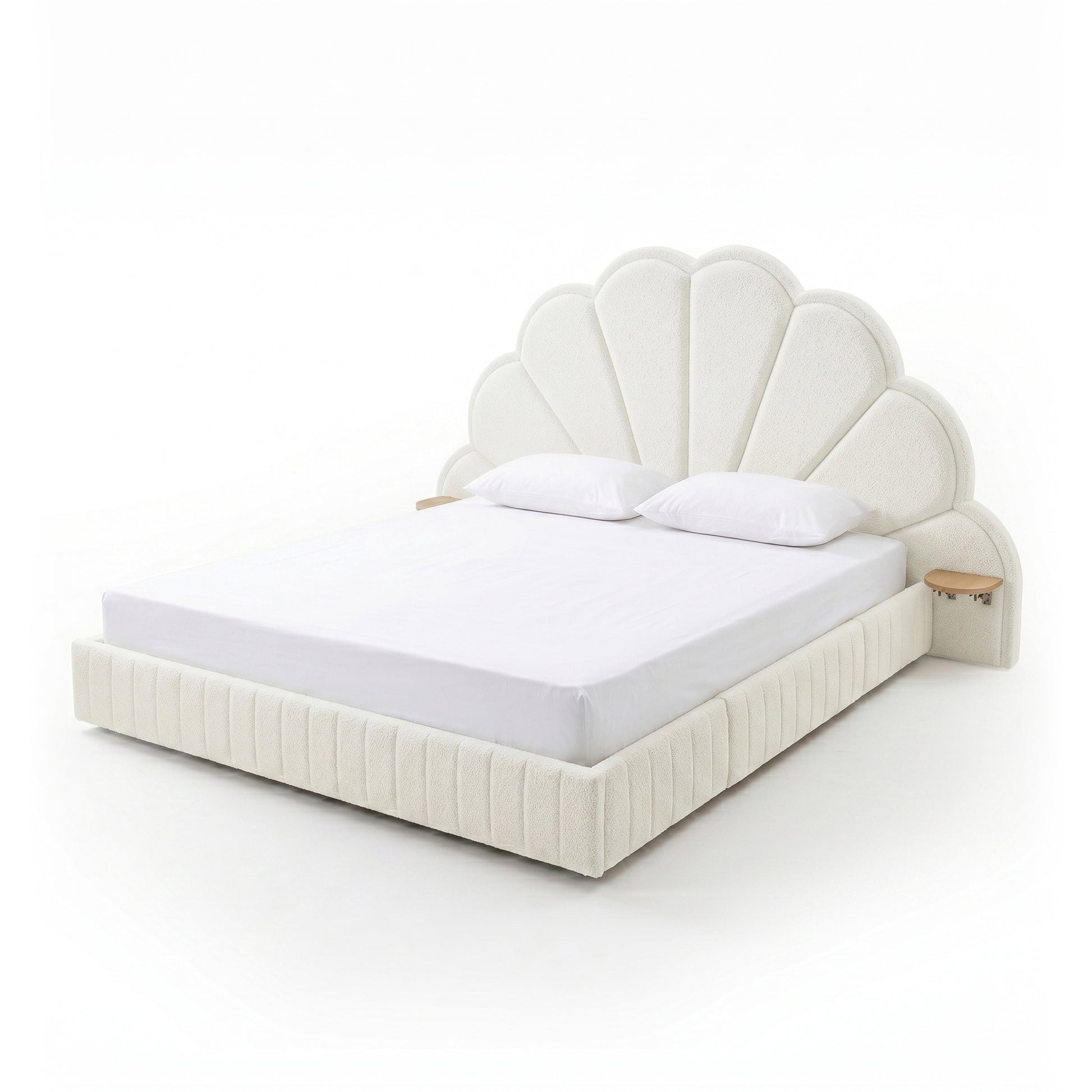 Full view of upholstered shell-headboard bed on white background