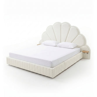Full view of upholstered shell-headboard bed on white background