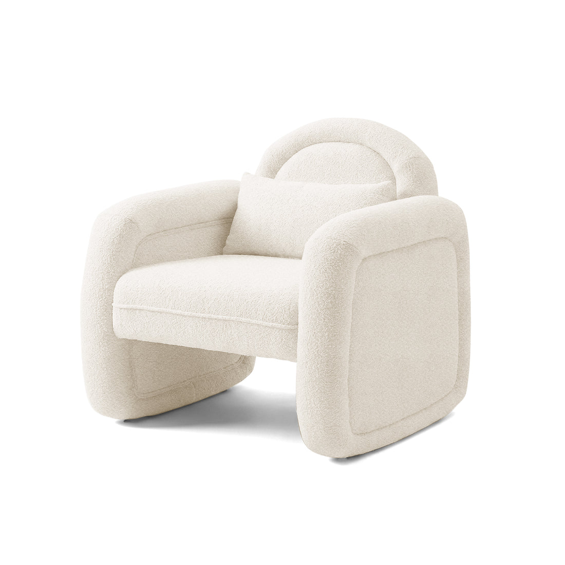 Cream-colored plush armchair with lumbar pillow on white background