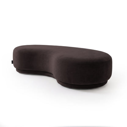 Modern chocolate brown kidney-shaped ottoman or bench seat on a white background