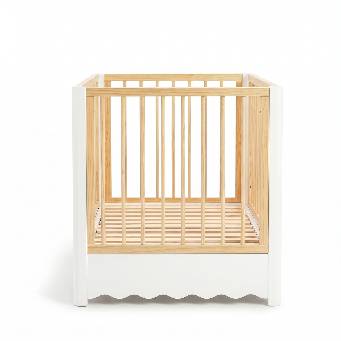 Wood and white baby crib on white background