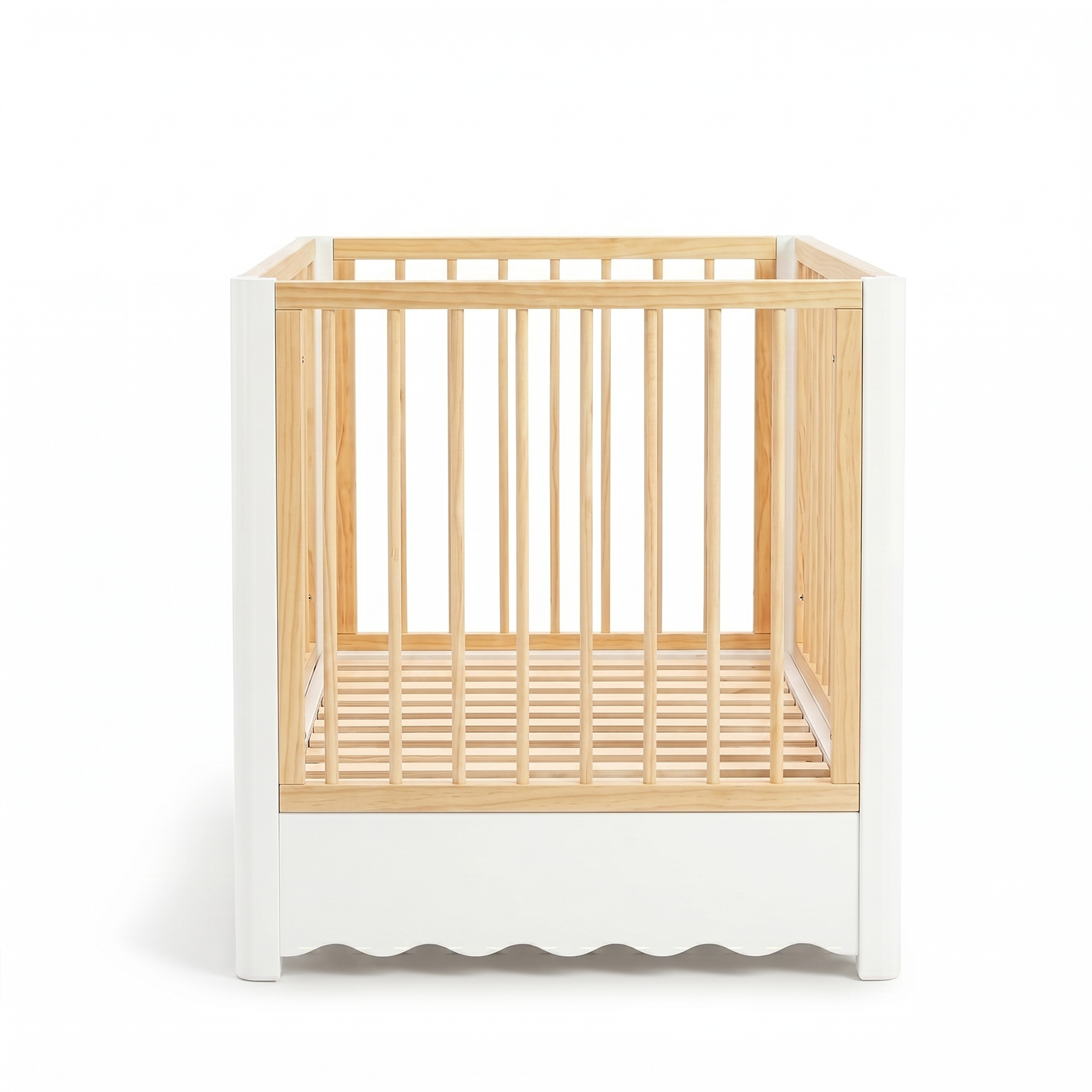 Wood and white baby crib on white background