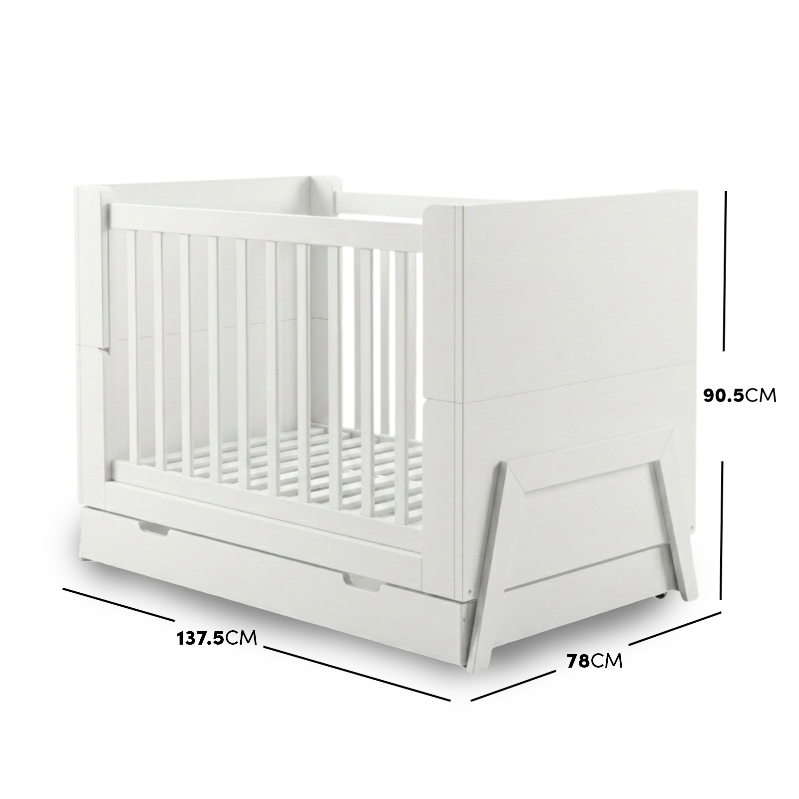 White crib on white background with superimposed dimension lines showing length, width and height