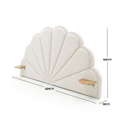 Scalloped upholstered headboard with side shelves and dimension labels