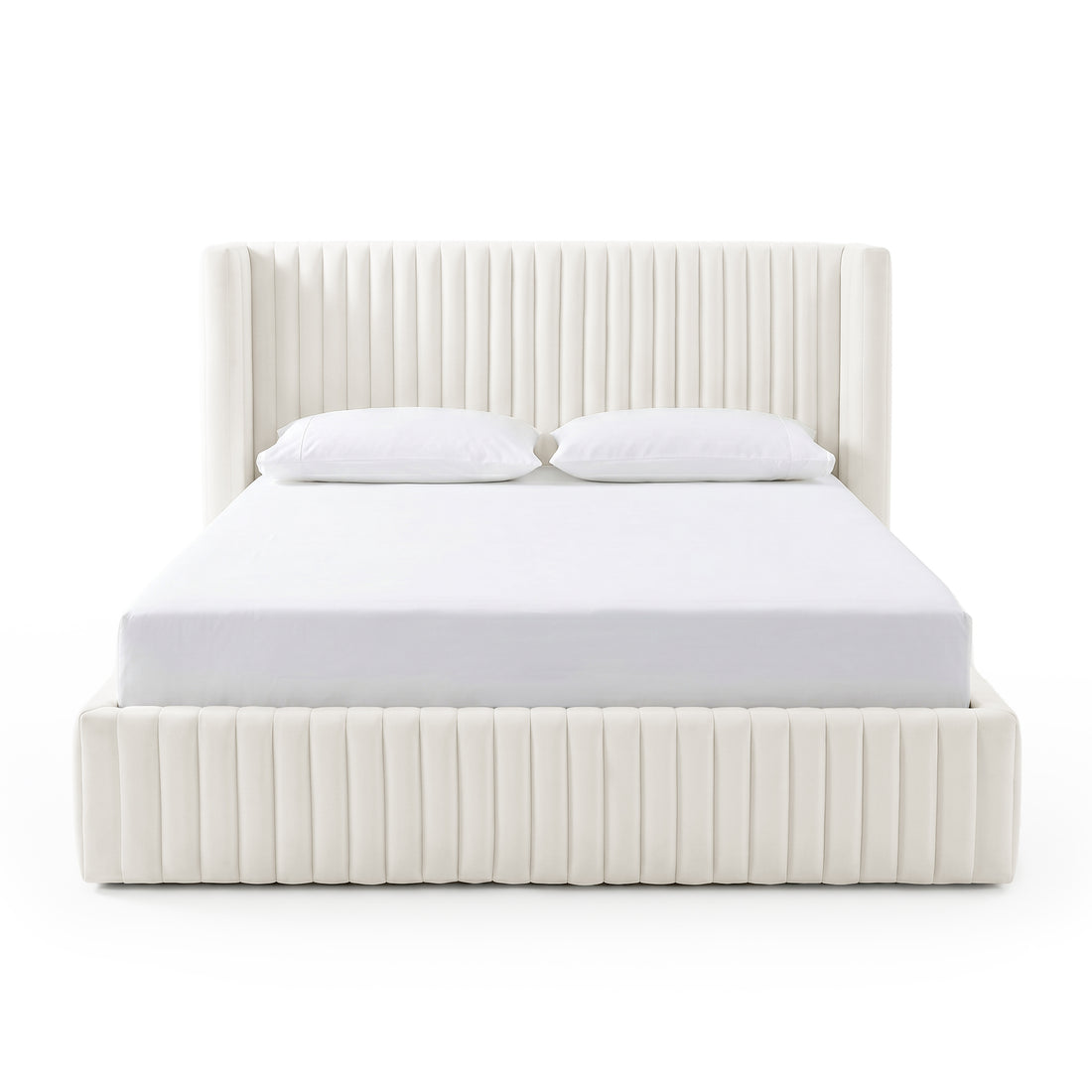 Full front view of upholstered bed on white background