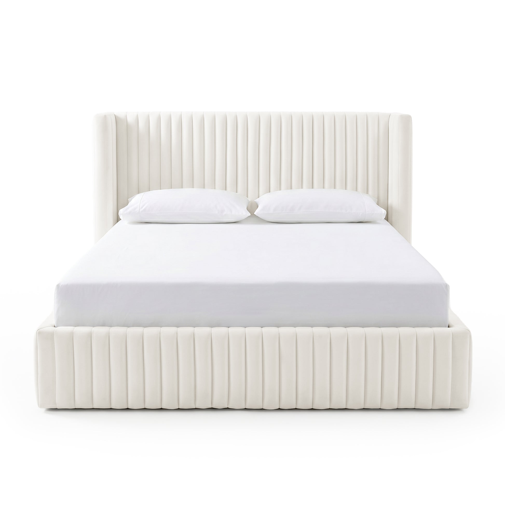 Full front view of upholstered bed on white background