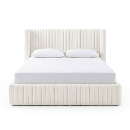 Full front view of upholstered bed on white background