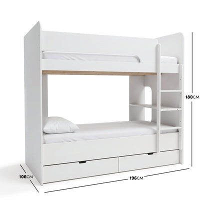 White bunk bed with storage drawers on a white background with dimensions shown