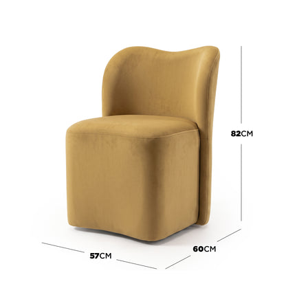 Mustard yellow upholstered chair on white background with dimensions shown