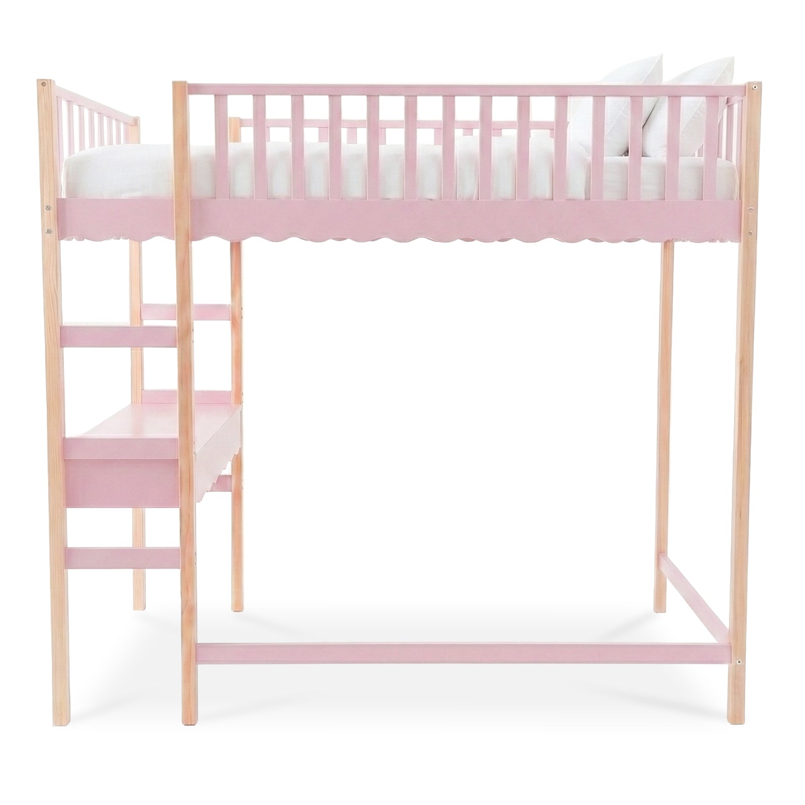 Loft bed with desk area beneath on white background