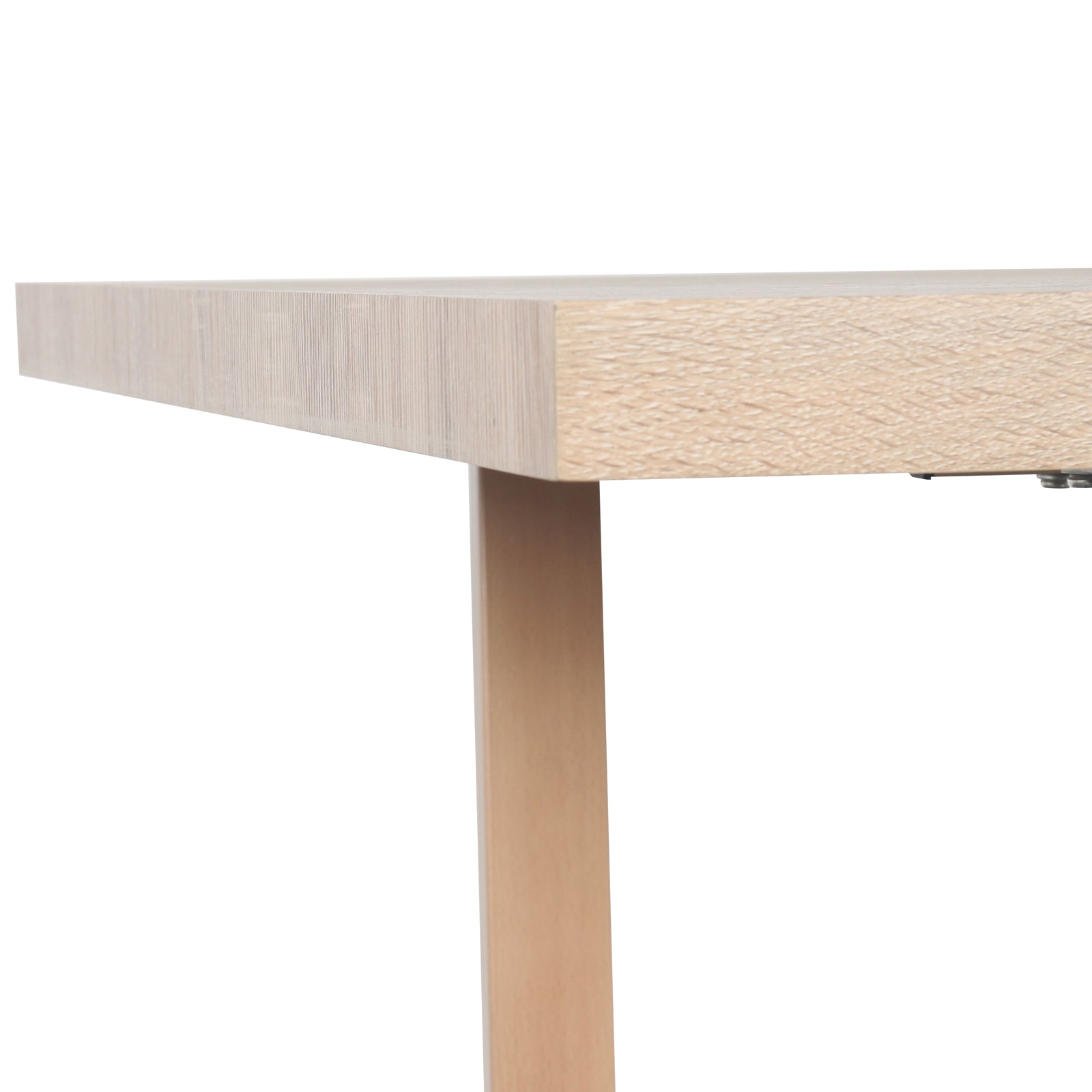 Close-up of the Oregon Dining Table's light-wood tabletop corner and square leg, showcasing its modern, simple design as part of the Oregon Dining Table with 8 Florida Chairs Set in Sand.