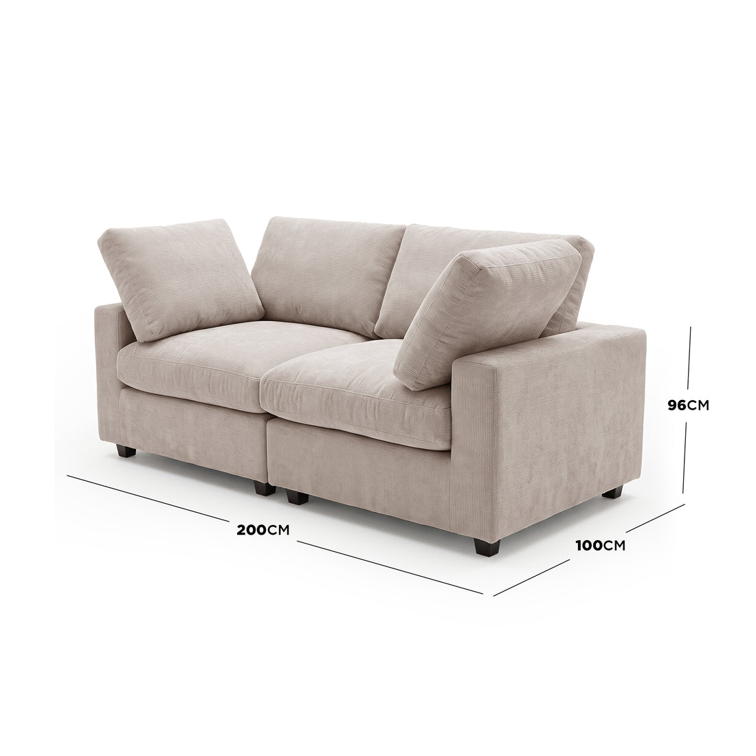 Beige modern sofa on white background with dimensions labeled