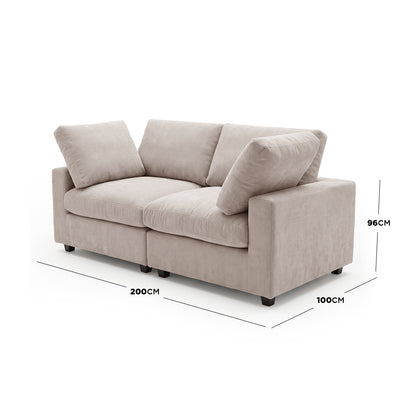Beige modern sofa on white background with dimensions labeled