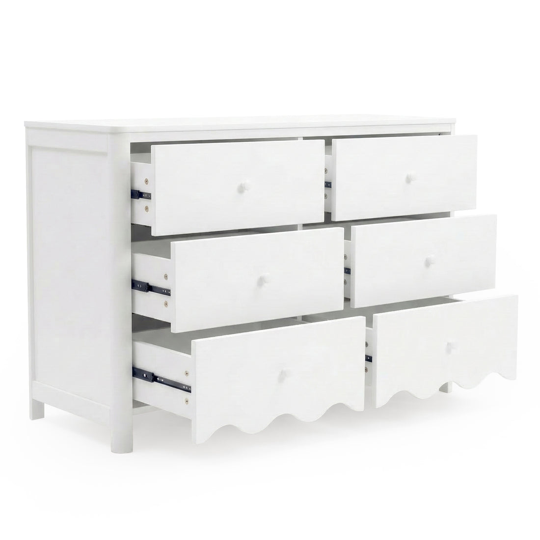 White dresser on white background with drawers partially open