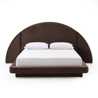 Full modern bed with dark semicircular headboard on a white background
