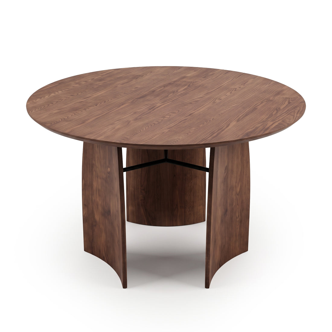 Round wooden table on a white background with curved panel legs