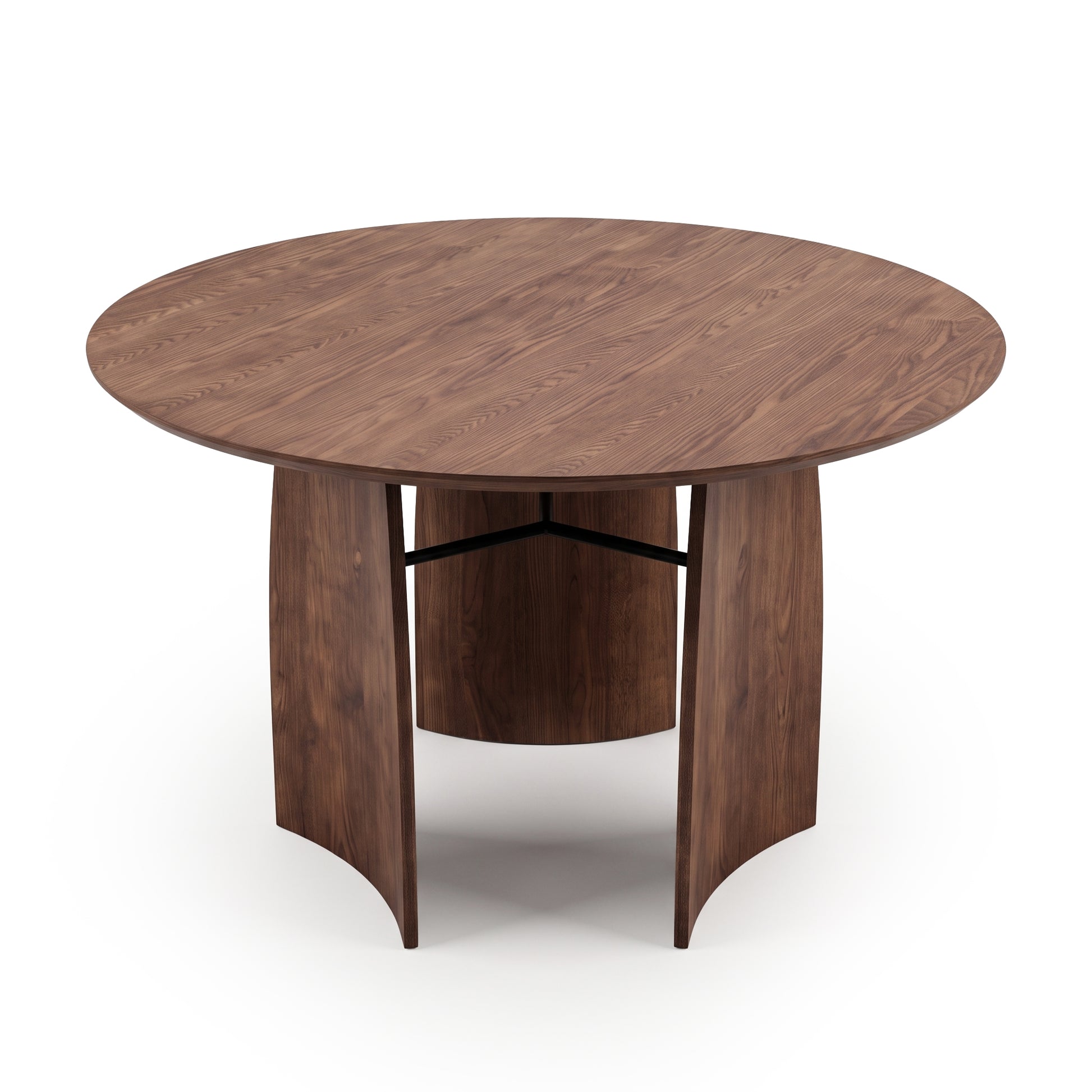 Round wooden table on a white background with curved panel legs