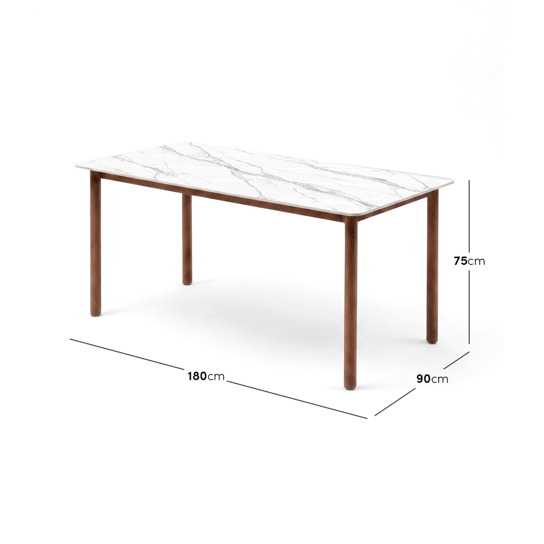 Dining table on white background with dimension lines showing 75 cm height, 180 cm length, and 90 cm width