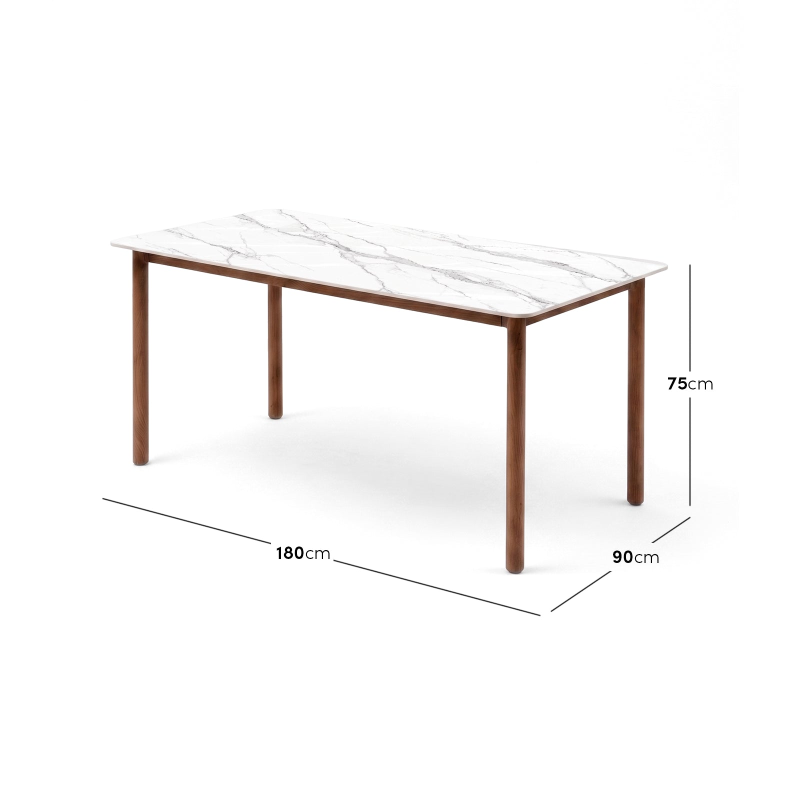 Dining table on white background with dimension lines showing 75 cm height, 180 cm length, and 90 cm width