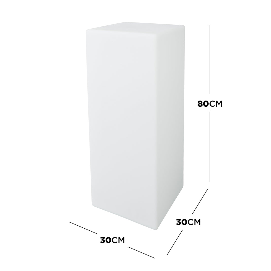 80cm Outdoor Solar LED Column Light, a sleek white rectangular prism with dimensions of 30x30x80 cm, features remote control and solar charging options for versatile, cordless outdoor lighting.