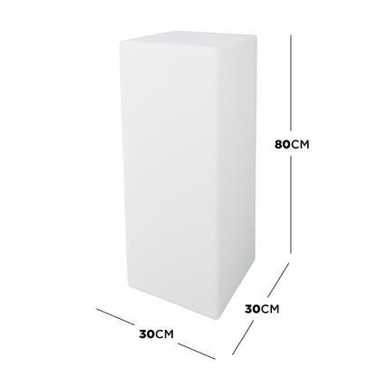 80cm Outdoor Solar LED Column Light, a sleek white rectangular prism with dimensions of 30x30x80 cm, features remote control and solar charging options for versatile, cordless outdoor lighting.