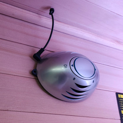 Small metallic dome-shaped device on wooden planks