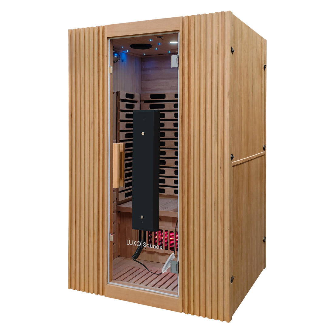 Freestanding infrared sauna made of light-colored wood on a white background.