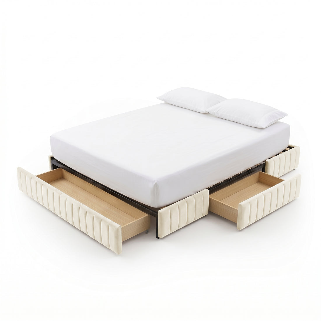 Upholstered bed with pull-out storage drawers on sides and foot, white mattress and pillows on white background