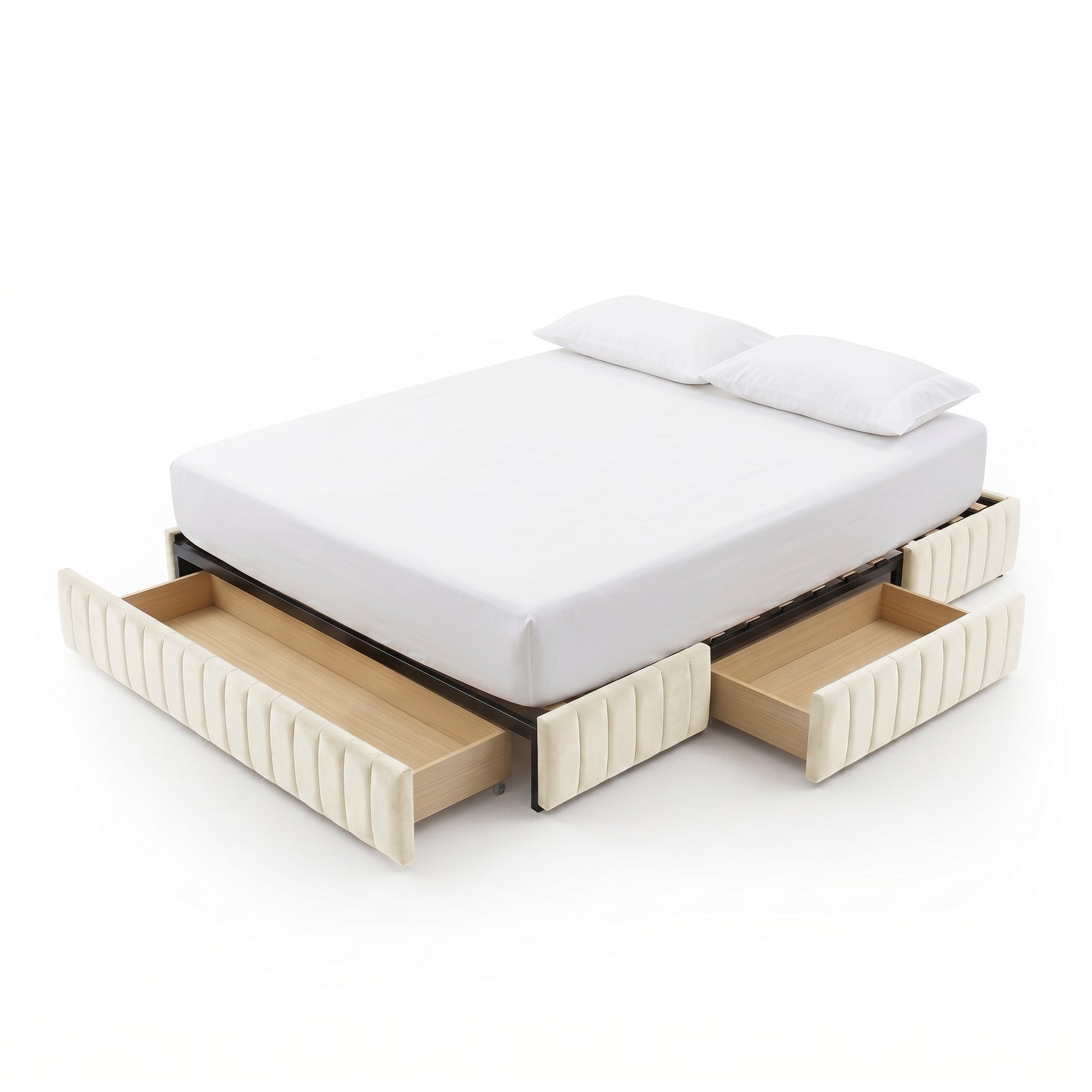 Upholstered bed with pull-out storage drawers on sides and foot, white mattress and pillows on white background