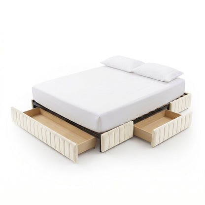 Upholstered bed with pull-out storage drawers on sides and foot, white mattress and pillows on white background