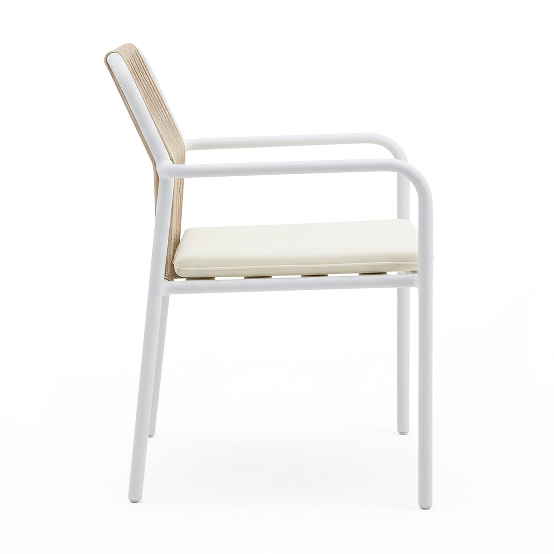 Side-profile of the Evone Aluminium Rope Outdoor Dining Chair, featuring a white tubular metal frame, woven beige backrest, and removable off-white cushion, highlighting its modern, coastal-inspired design.