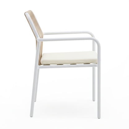 Side-profile of the Evone Aluminium Rope Outdoor Dining Chair, featuring a white tubular metal frame, woven beige backrest, and removable off-white cushion, highlighting its modern, coastal-inspired design.