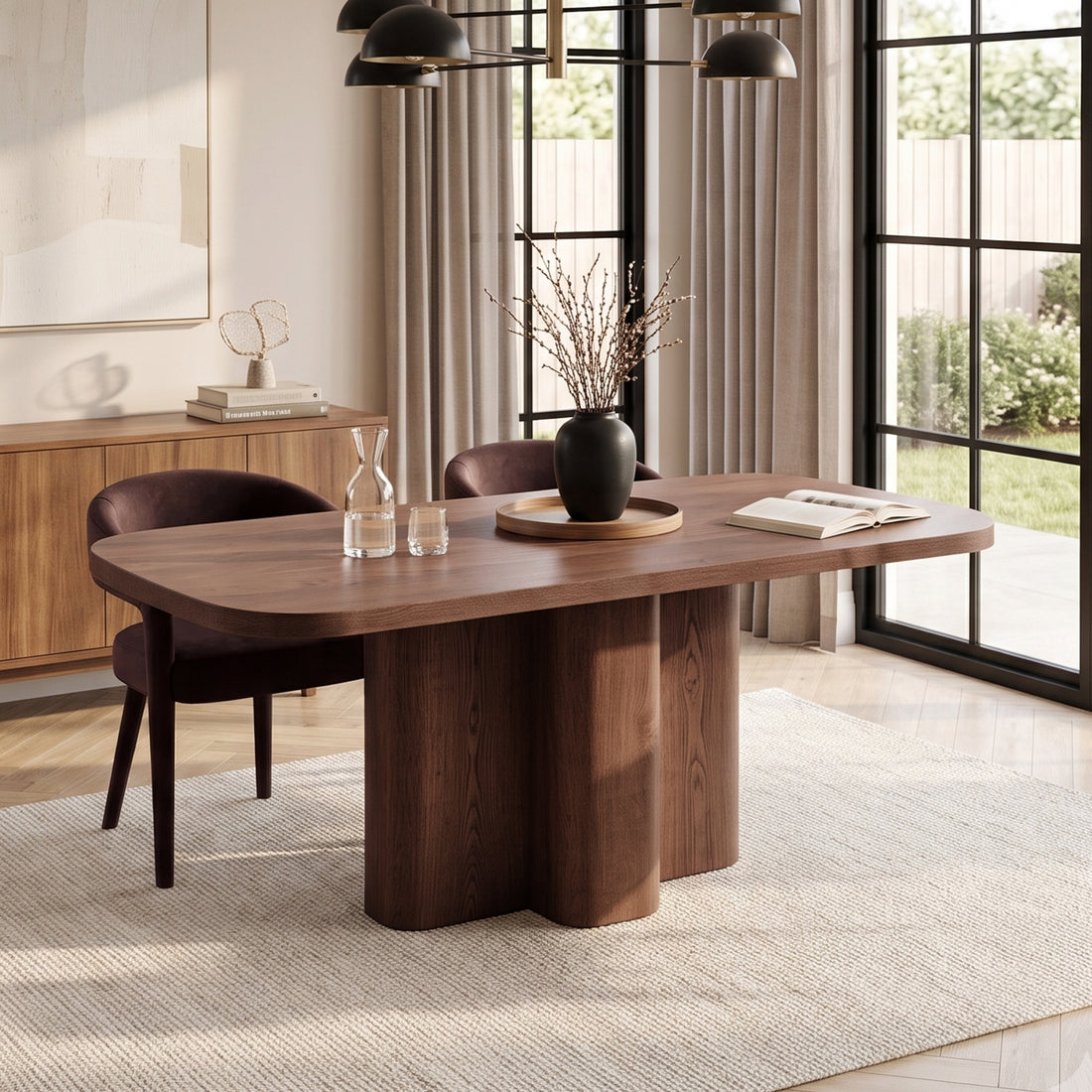 Modern wooden dining table styled in a bright room with chairs, decor, and large windows.