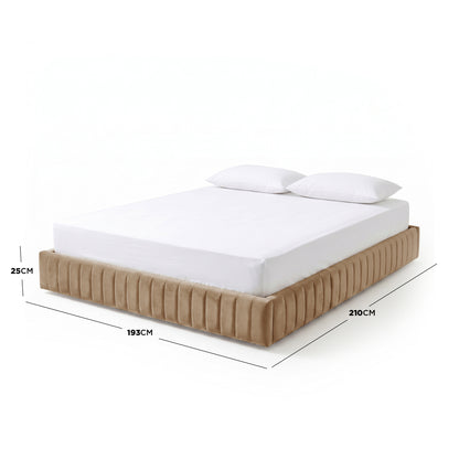 Tan upholstered bed with mattress and pillows on white background and measurement lines (193 cm × 210 cm × 25 cm)
