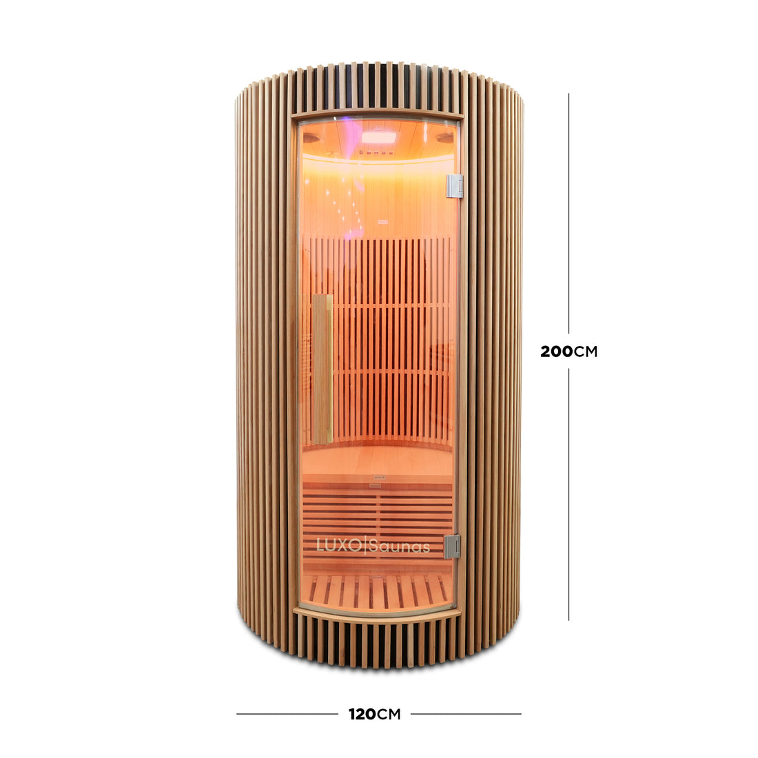 Full sauna on white background with dimensions labeled 200 cm by 120 cm