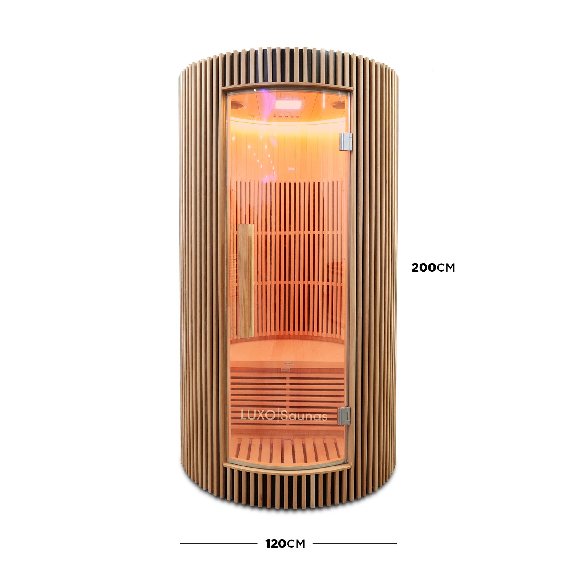 Full sauna on white background with dimensions labeled 200 cm by 120 cm