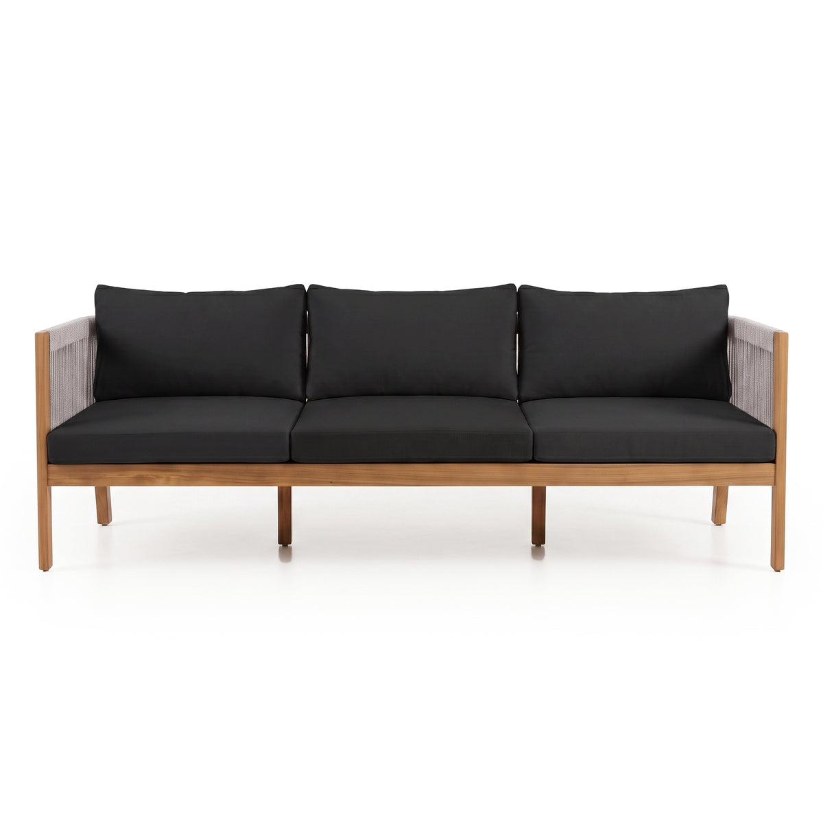 Modern four-seater sofa with black cushions on a white background