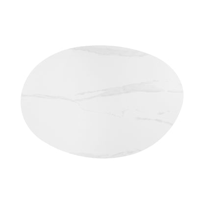 Oval white marble-look tabletop surface on a white background