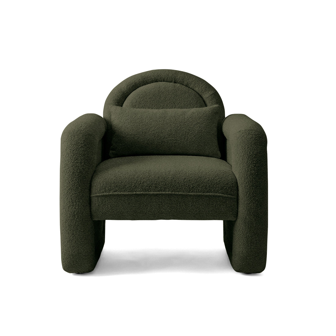 Modern olive green lounge chair with accent cushion on white background