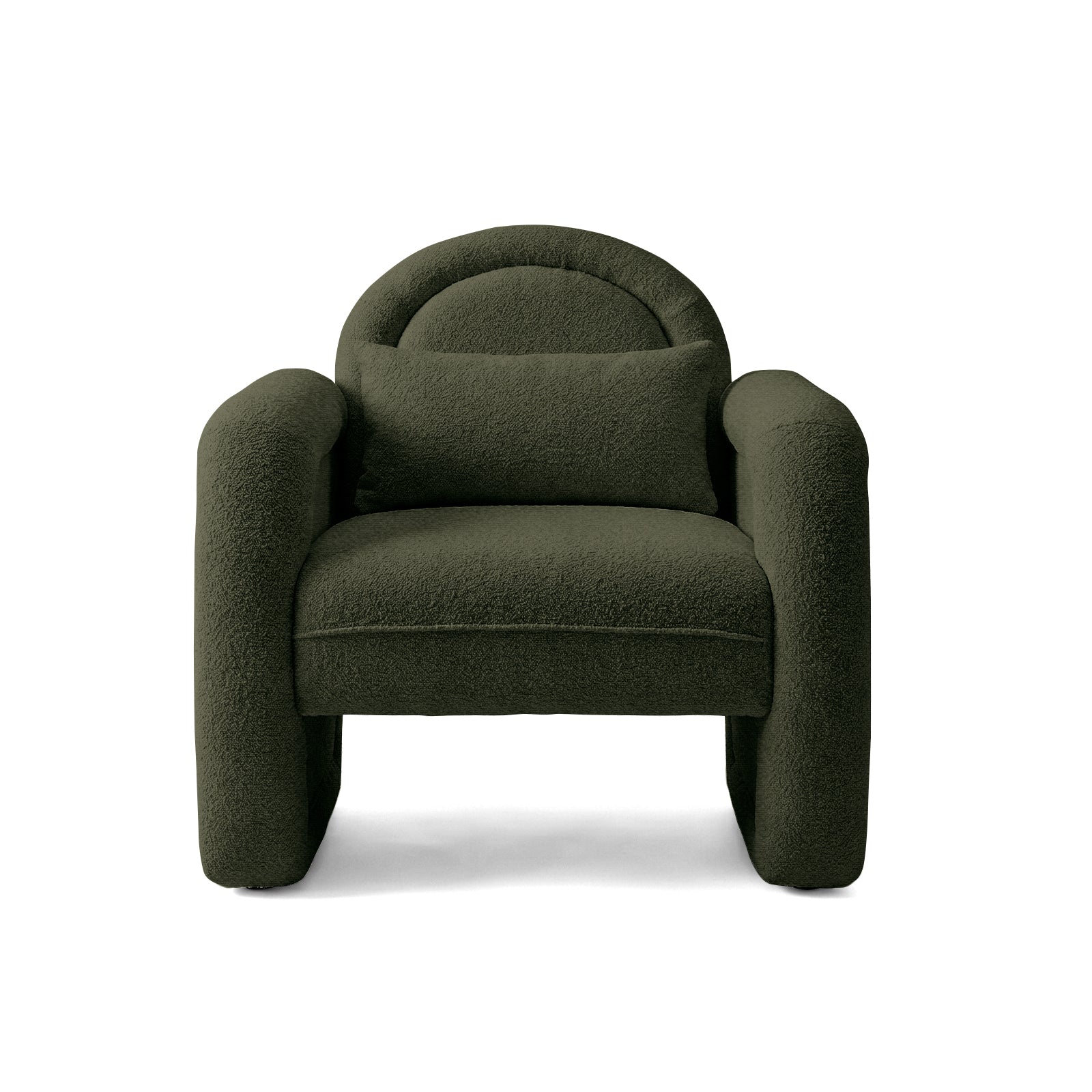 Modern olive green lounge chair with accent cushion on white background