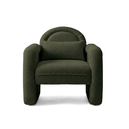 Modern olive green lounge chair with accent cushion on white background