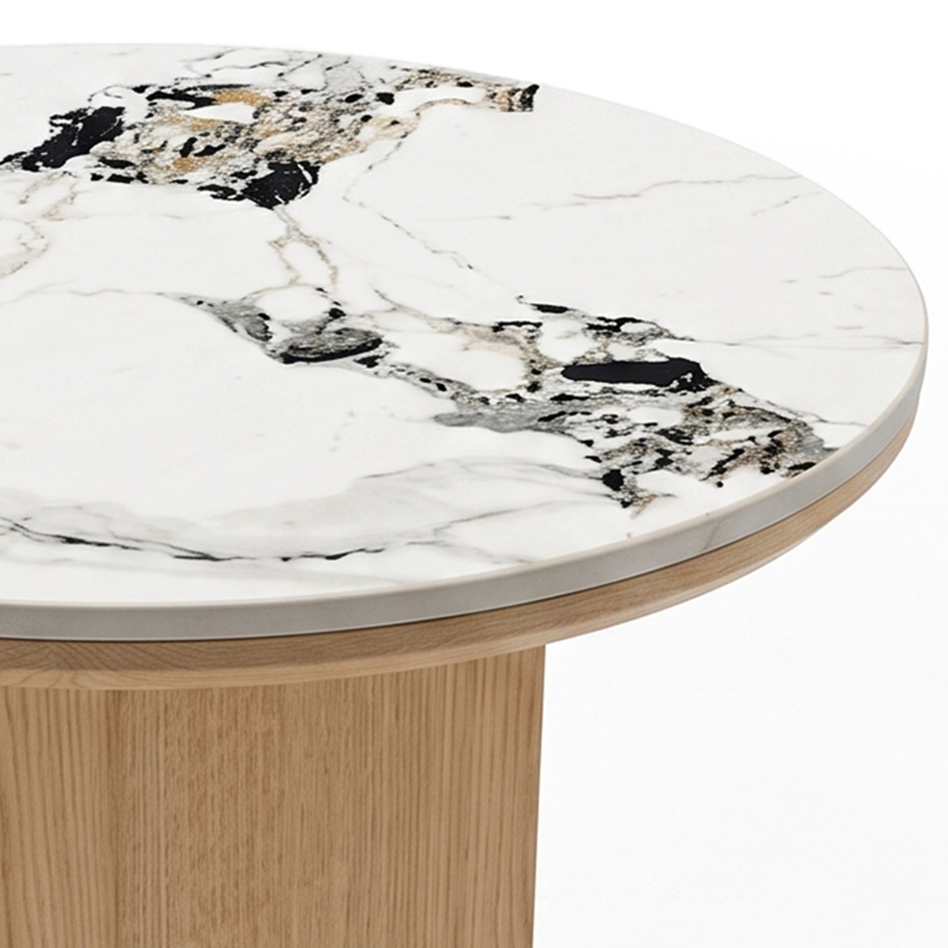 Close-up of a round table with a marble-effect top and wooden base on a white background.
