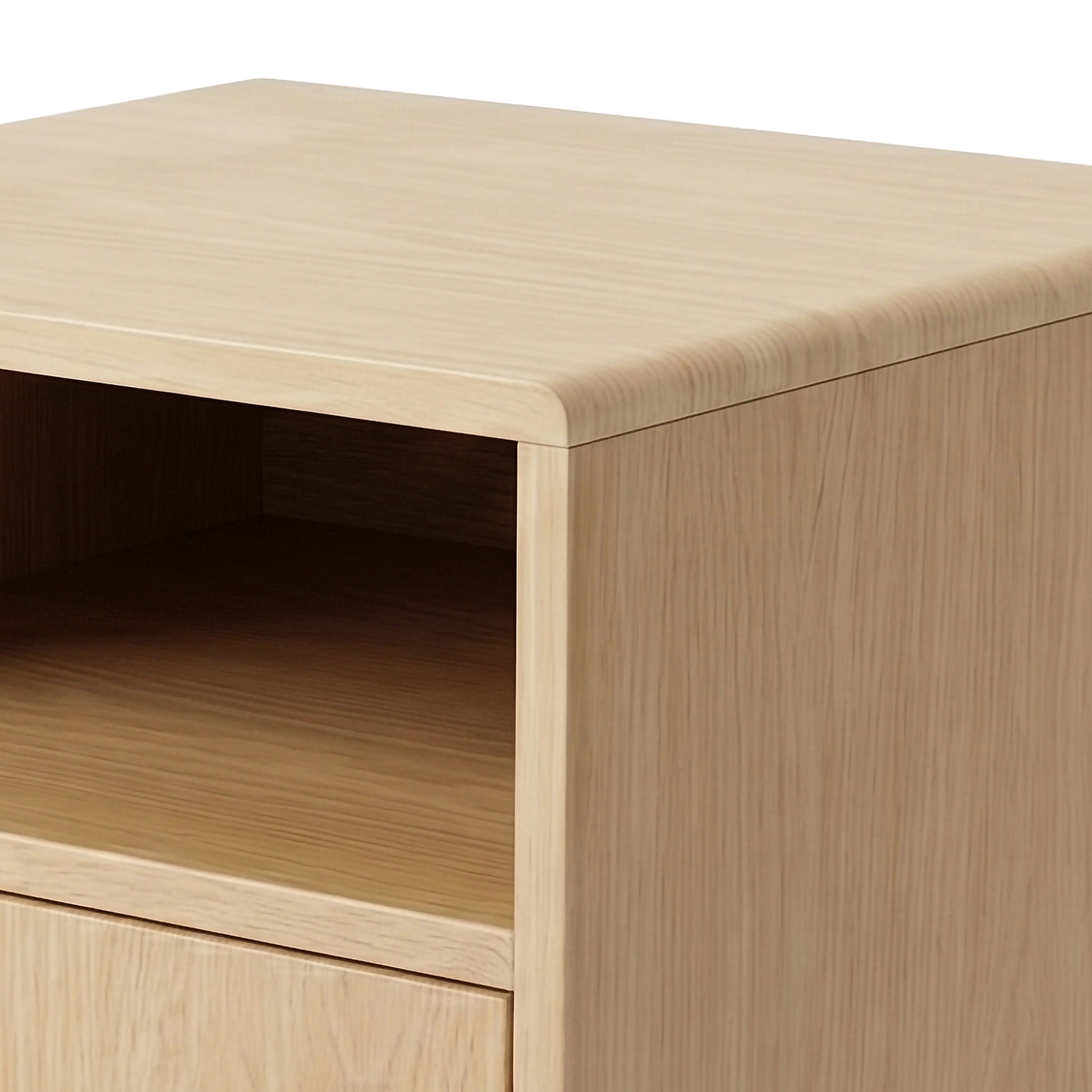 Partial view of the top and front of a wooden nightstand on white background