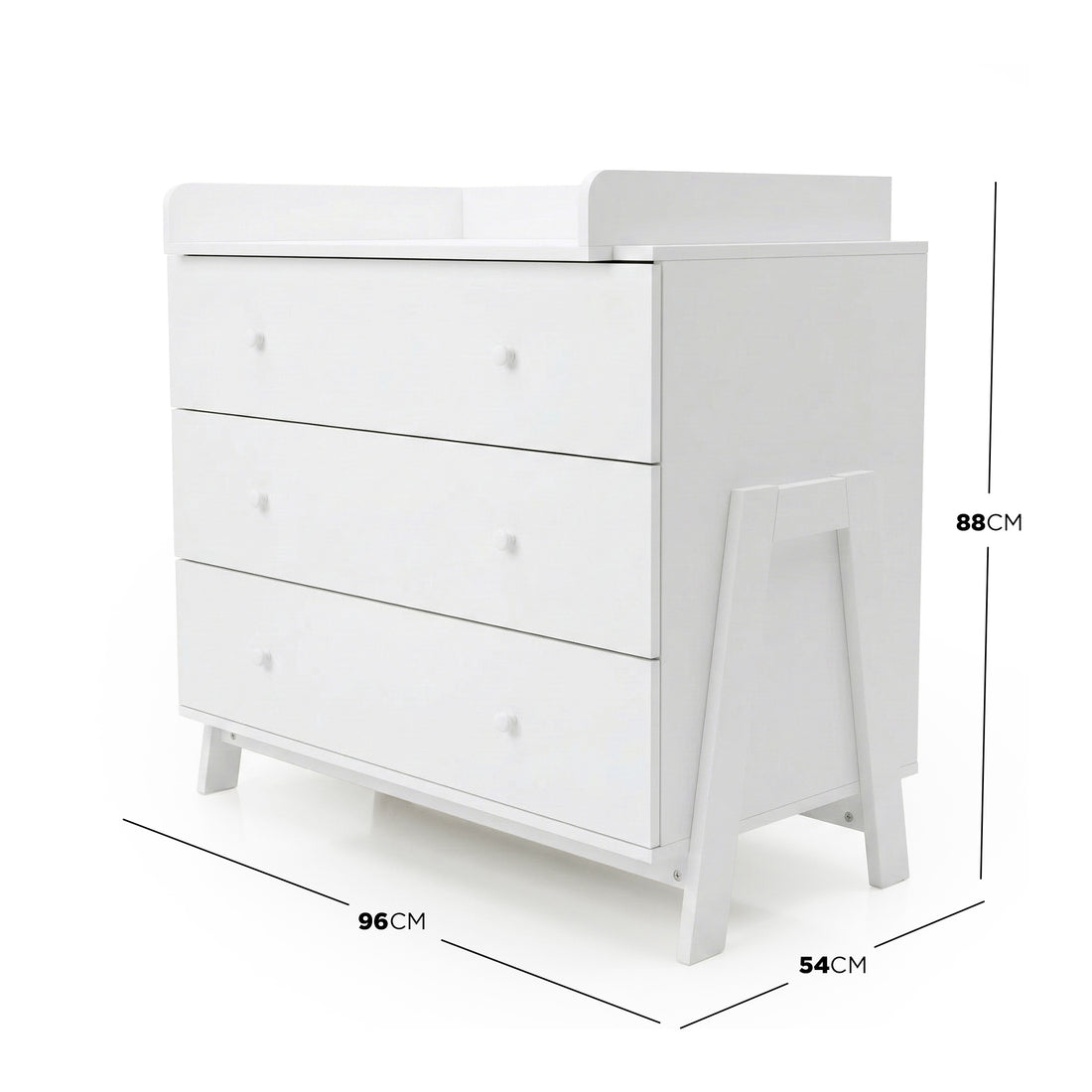 White four-drawer dresser with dimensions labeled on white background