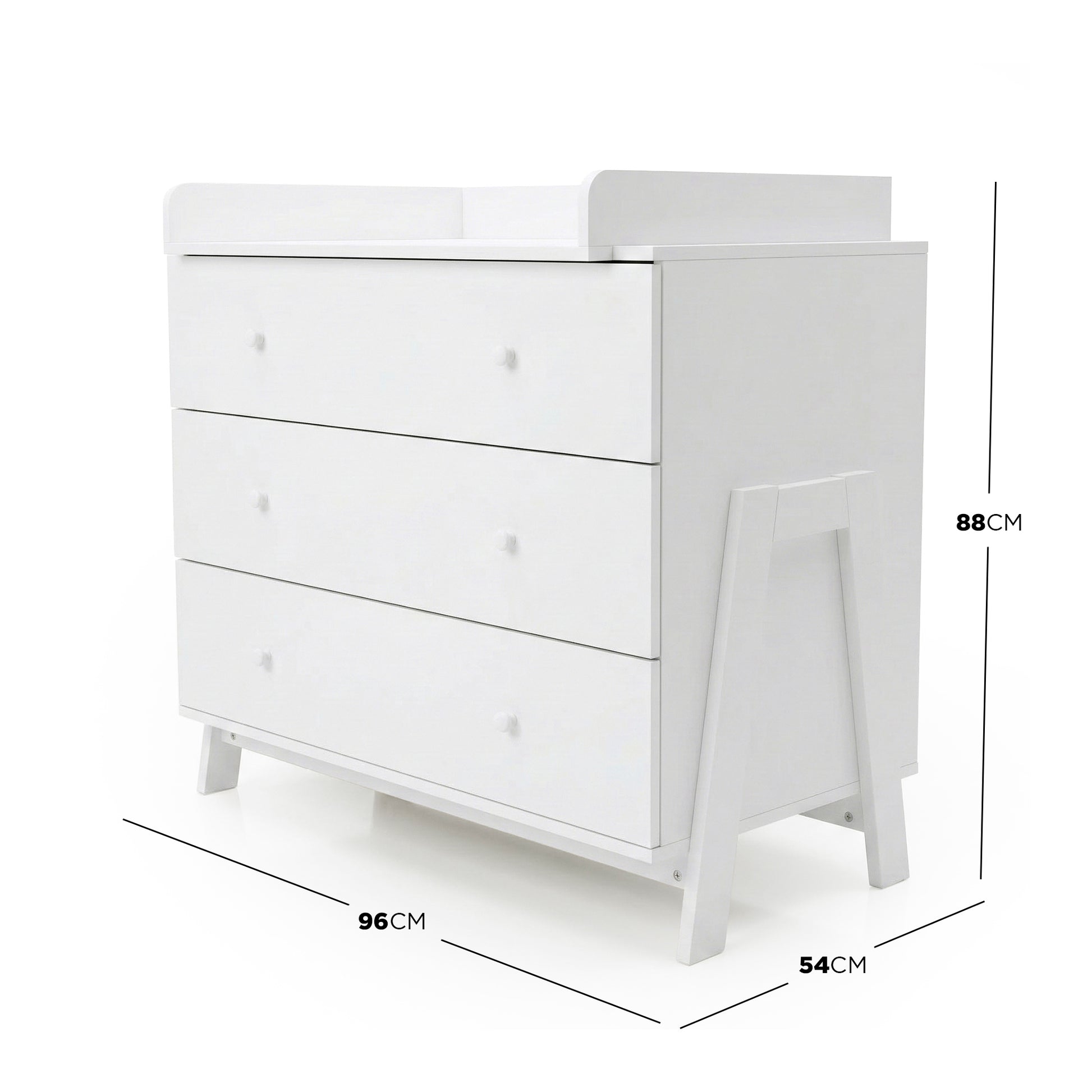 White four-drawer dresser with dimensions labeled on white background