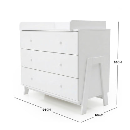 White four-drawer dresser with dimensions labeled on white background