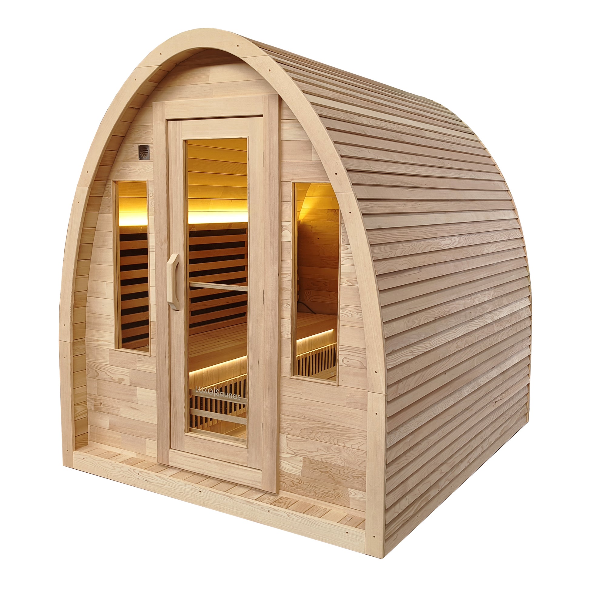 Pod-shaped wooden sauna with glass door and lit interior on white background