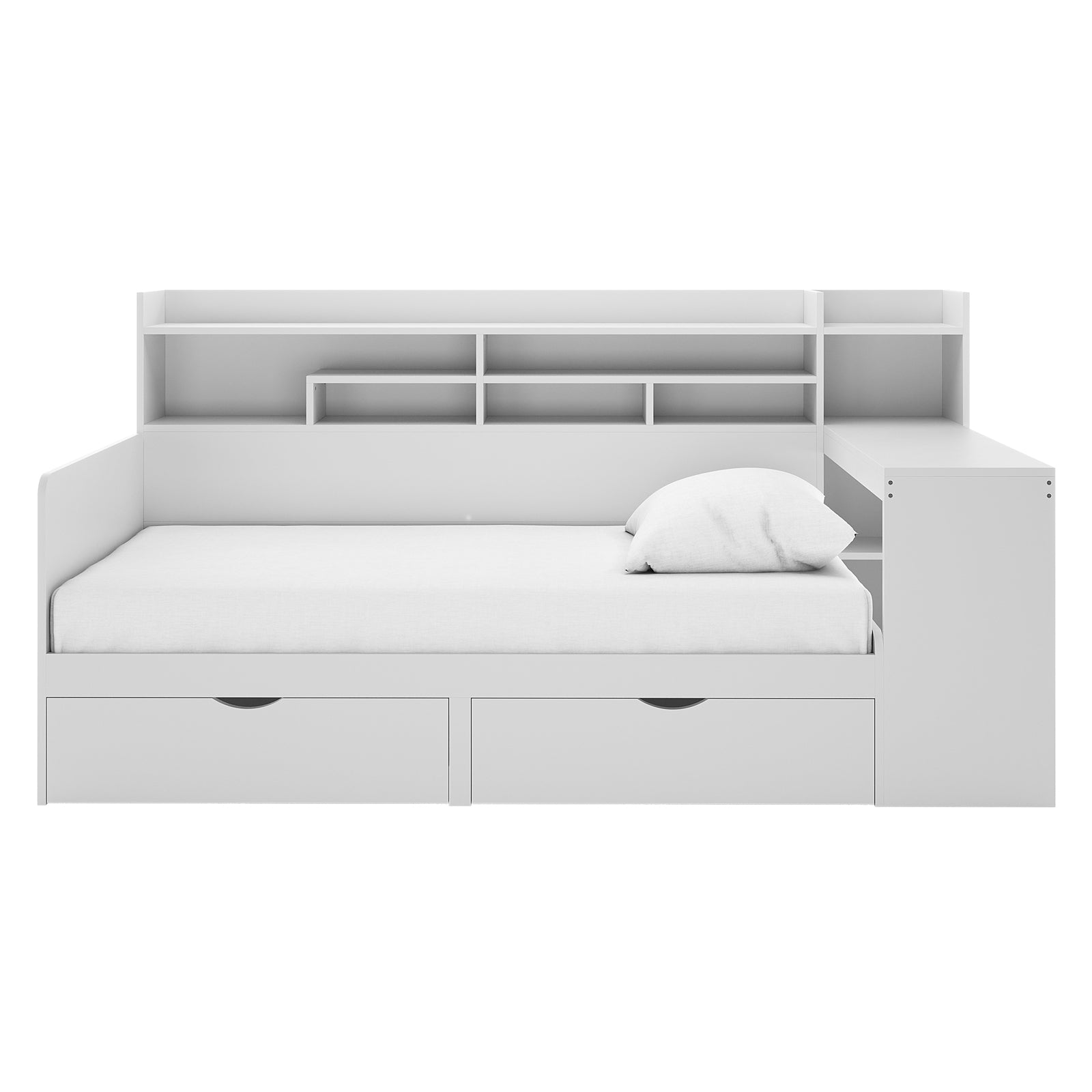 Hally Storage Single Bed with Desk and Drawers in White features a daybed with a single mattress, built-in shelving, two pull-out drawers, and an integrated desk with an open shelf.