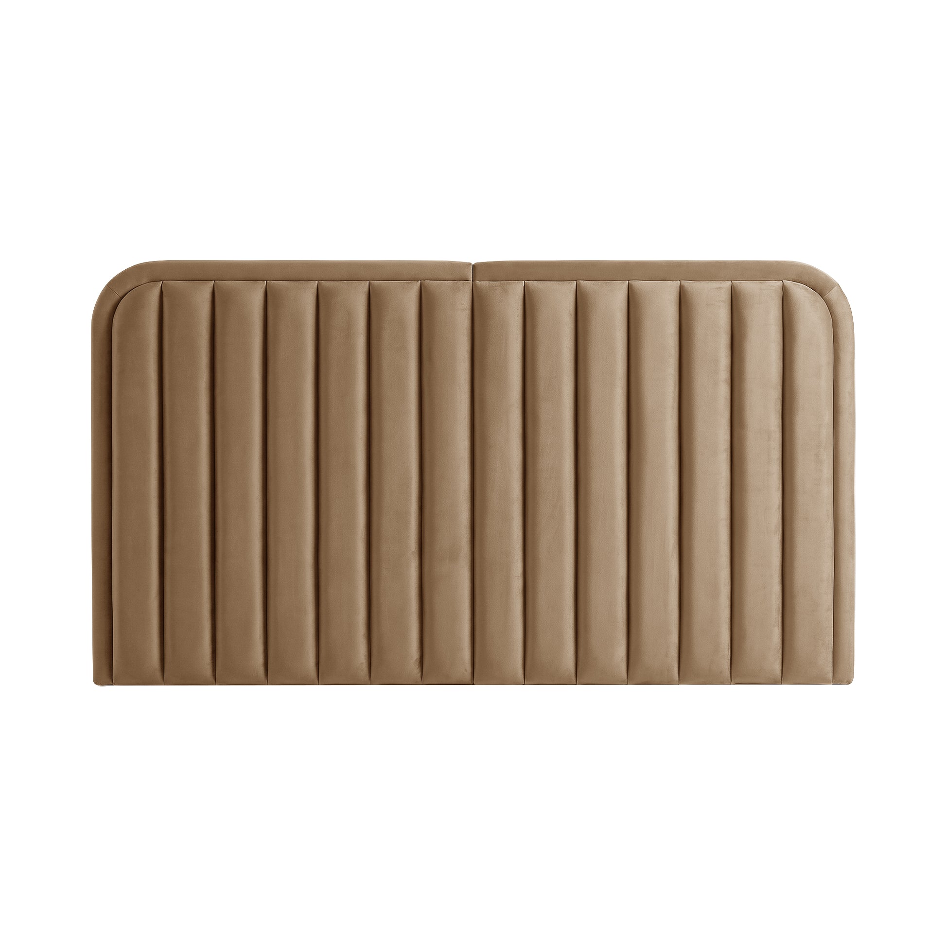 Tan upholstered headboard with vertical channels on white background